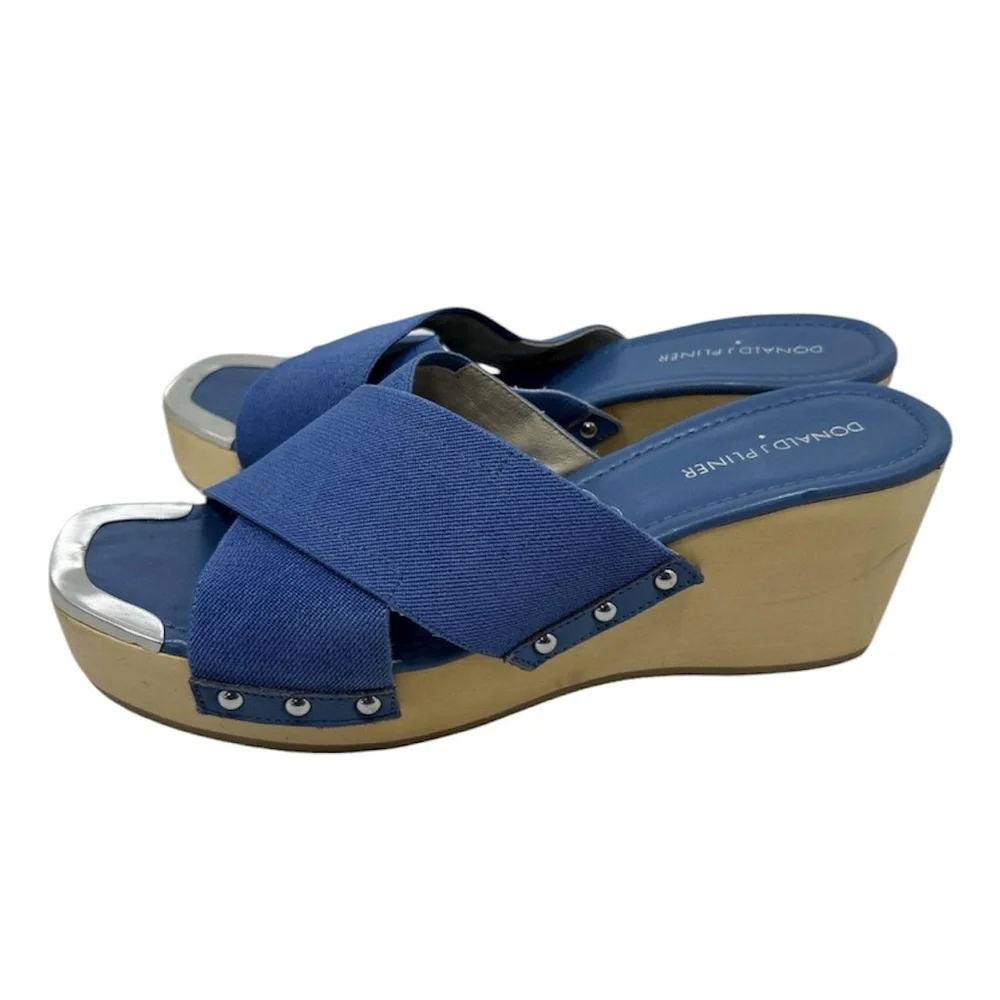 Donald J. Pliner Carra Blue Denim Studded Platform Wedge Summer Sandals 8.5